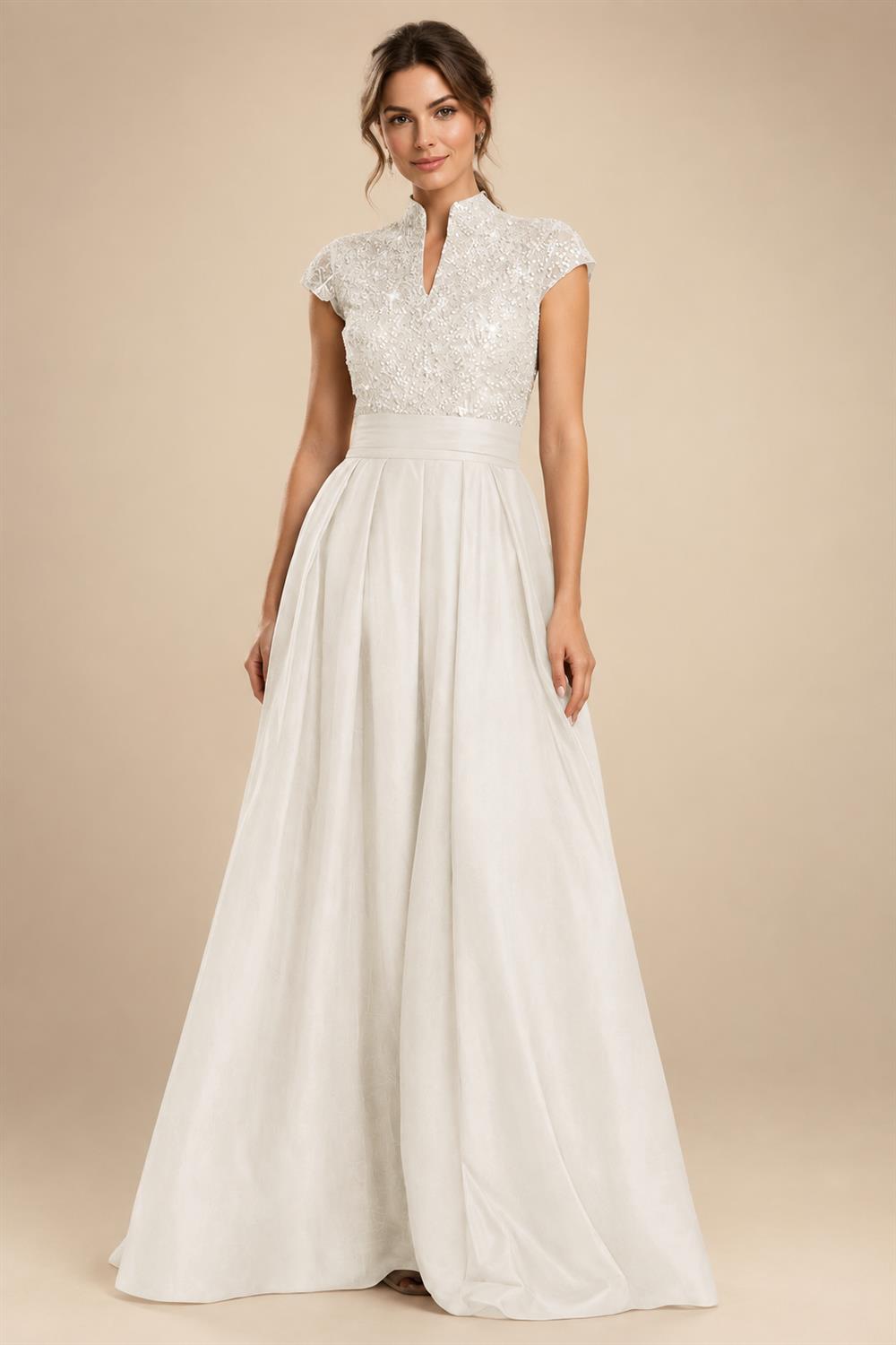 A Line/Princess Stand Collar Short Sleeve Long Elegant Mother of the Bride Dresses (SHI22500207)