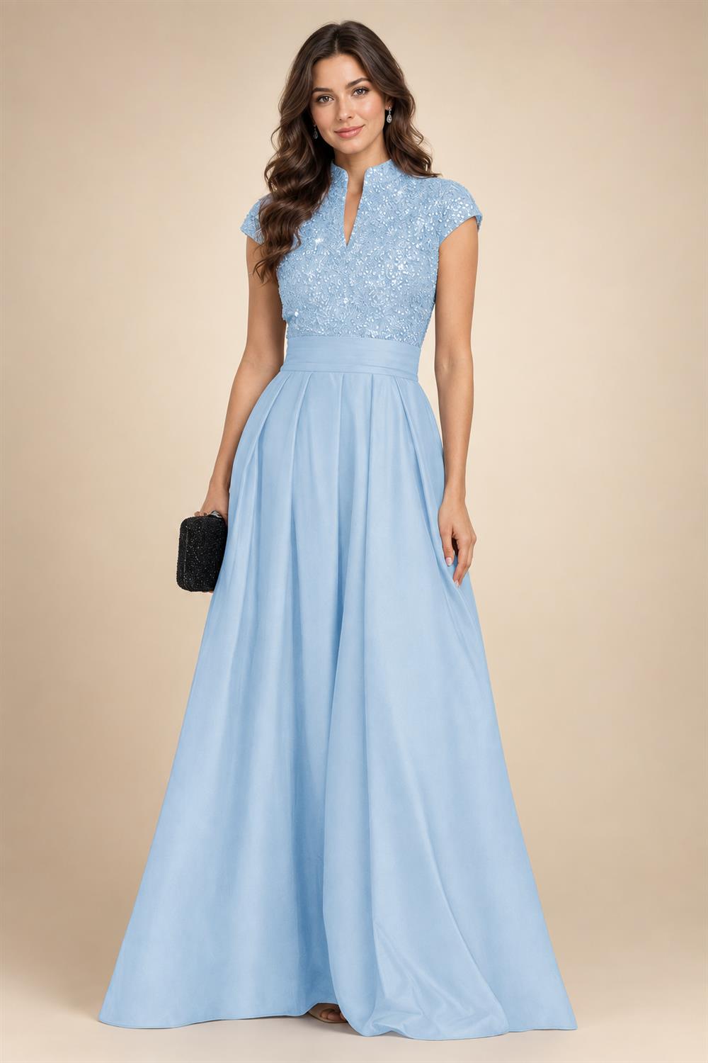 A Line/Princess Stand Collar Short Sleeve Long Elegant Mother of the Bride Dresses (SHI22500207)