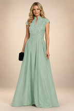 A Line/Princess Stand Collar Short Sleeve Long Elegant Mother of the Bride Dresses (SHI22500207)