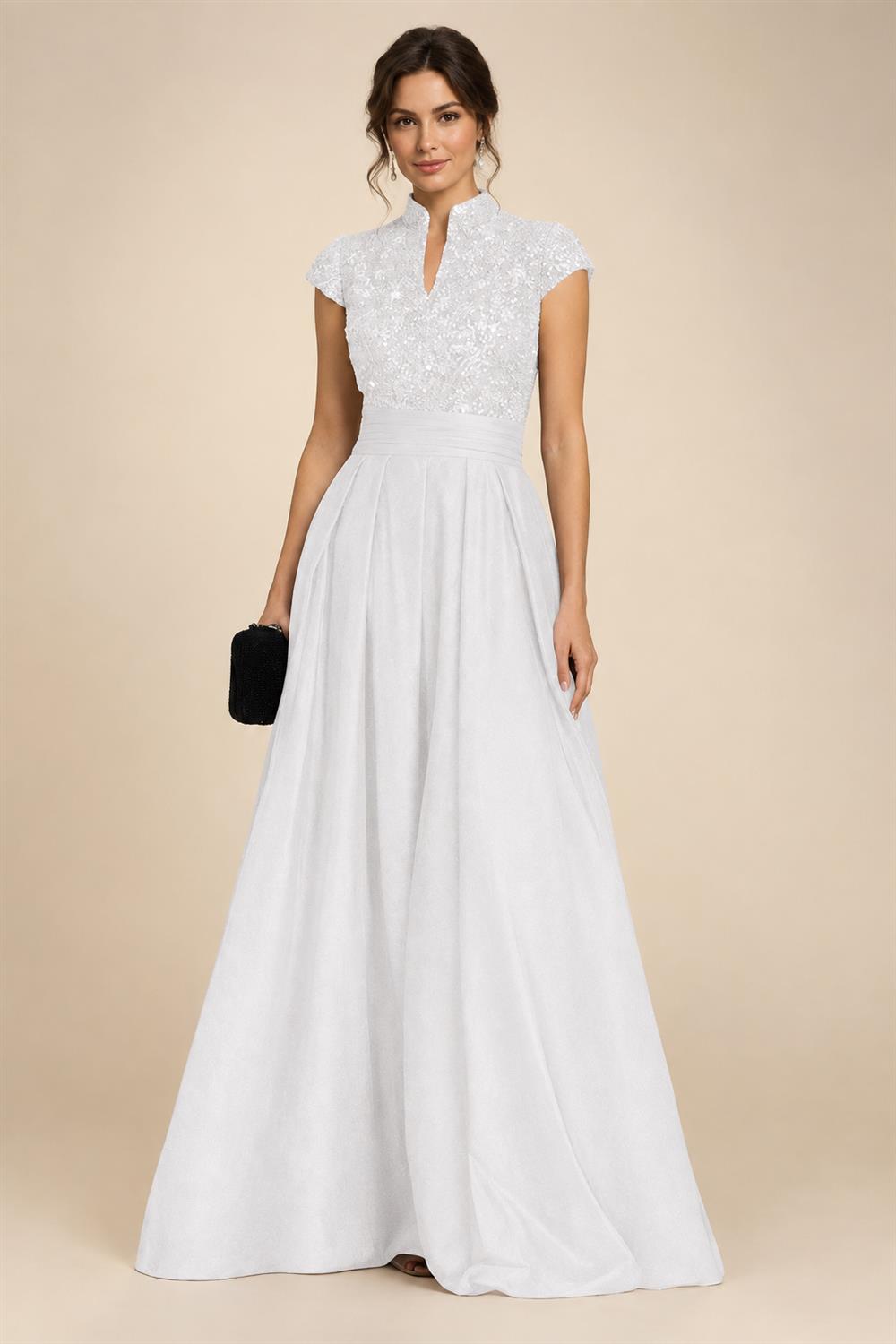 A Line/Princess Stand Collar Short Sleeve Long Elegant Mother of the Bride Dresses (SHI22500207)