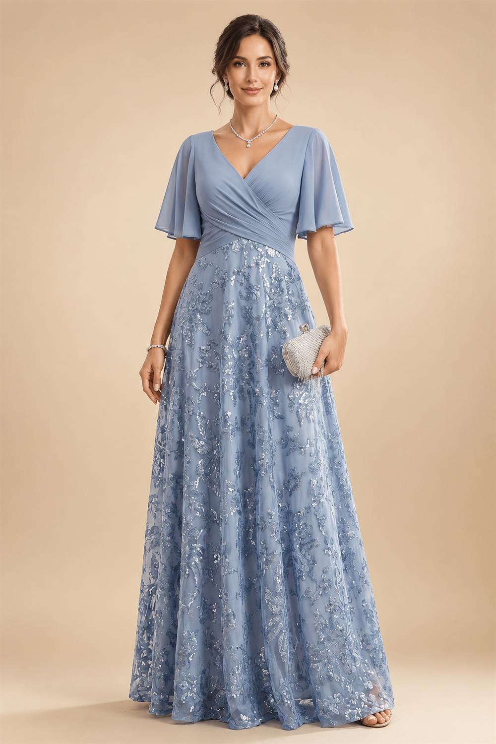 Cape Sleeve Jacquard Satin Ruched Mother of the Bride Dresses 2 Piece (SHI22500528)