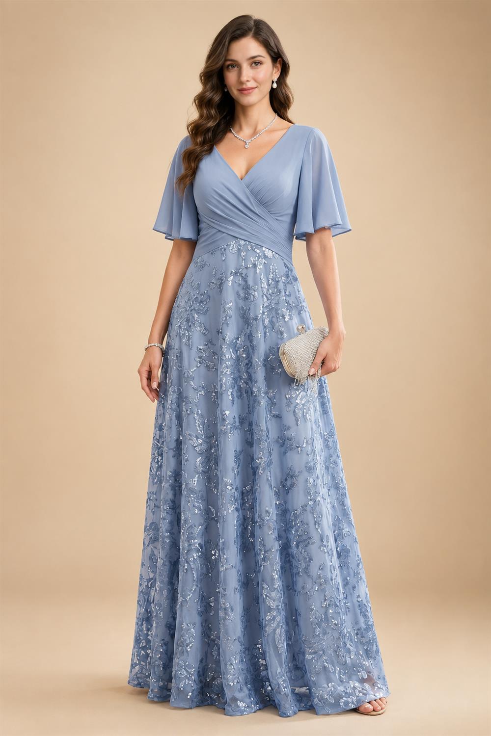 A-Line/Princess V-Neck Chiffon Maxi Mother of the Bride & Groom Dresses with Rhinestones & Pleats (SHI22501693)