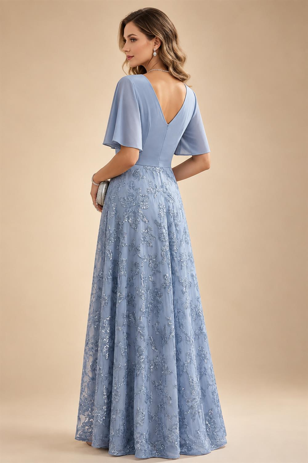 A Line V Neck Short Sleeve Chiffon Ruched Mother of the Bride Dresses with Sequin Embroidery (SHI22500231)