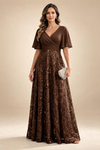 A Line V Neck Short Sleeve Chiffon Ruched Mother of the Bride Dresses with Sequin Embroidery (SHI22500231)