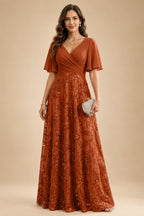 A Line V Neck Short Sleeve Chiffon Ruched Mother of the Bride Dresses with Sequin Embroidery (SHI22500231)
