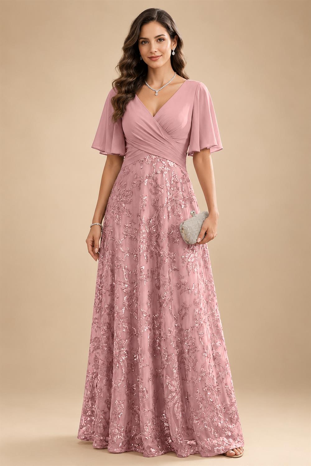 A Line V Neck Short Sleeve Chiffon Ruched Mother of the Bride Dresses with Sequin Embroidery (SHI22500231)