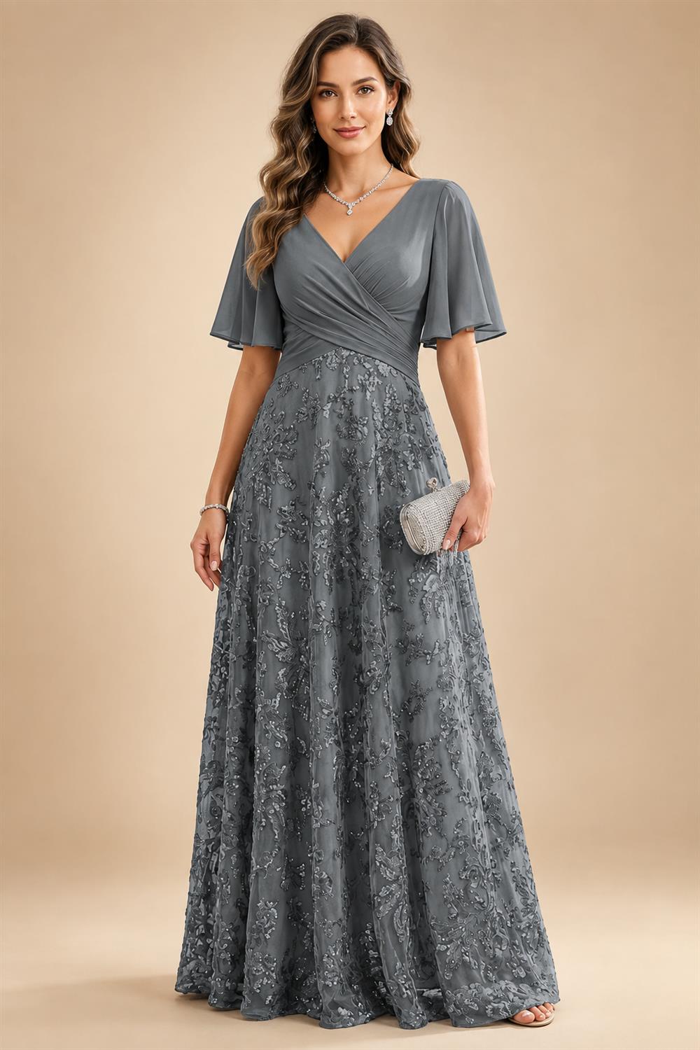 A Line V Neck Short Sleeve Chiffon Ruched Mother of the Bride Dresses with Sequin Embroidery (SHI22500231)