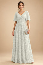 A Line V Neck Short Sleeve Chiffon Ruched Mother of the Bride Dresses with Sequin Embroidery (SHI22500231)