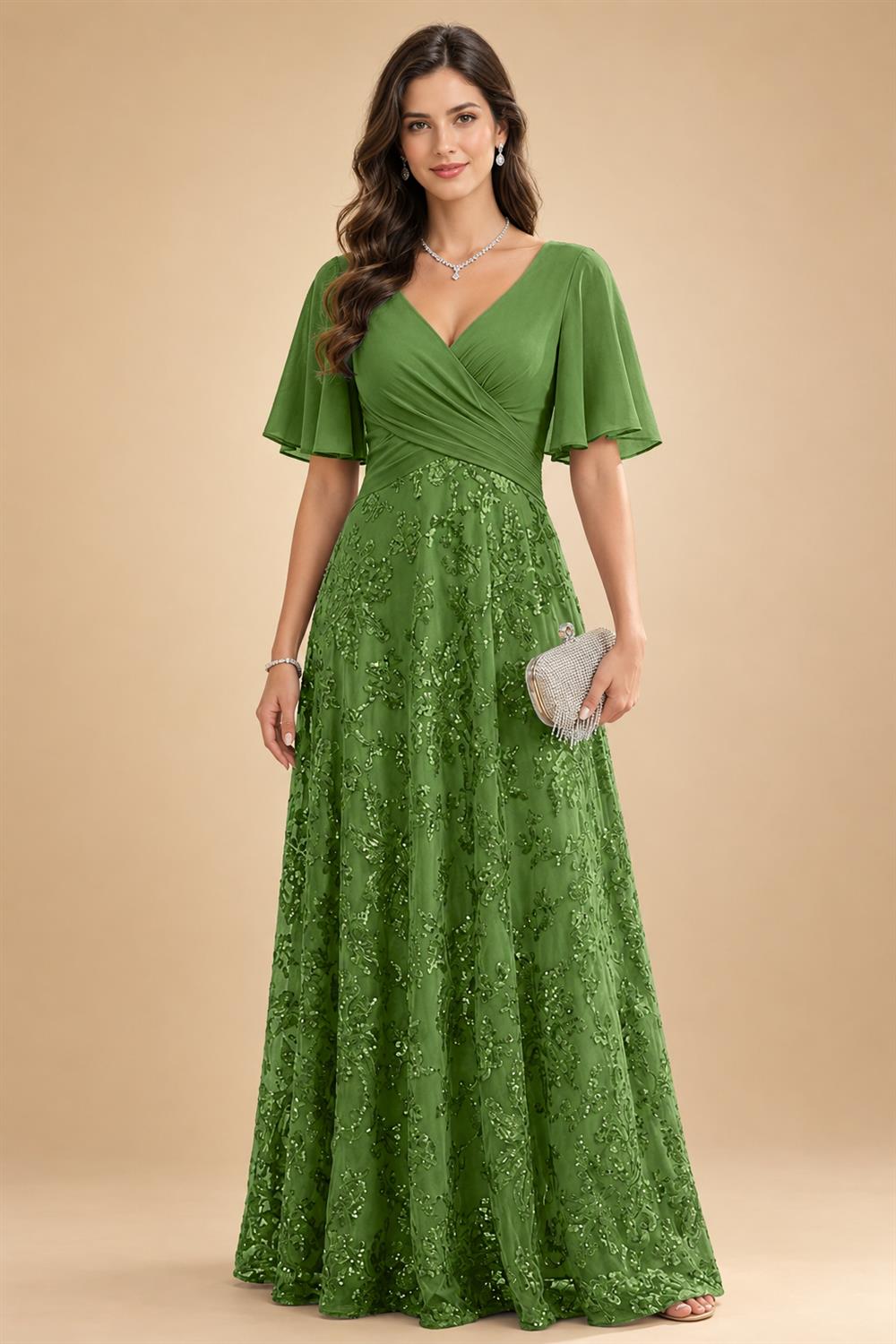 A Line V Neck Short Sleeve Chiffon Ruched Mother of the Bride Dresses with Sequin Embroidery (SHI22500231)