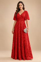 A Line V Neck Short Sleeve Chiffon Ruched Mother of the Bride Dresses with Sequin Embroidery (SHI22500231)