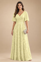 A Line V Neck Short Sleeve Chiffon Ruched Mother of the Bride Dresses with Sequin Embroidery (SHI22500231)
