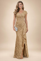 Cape Sleeve Floral Jacquard Satin Tea-Length Ruched Mother of the Bride Dresses 2 Piece (SHIA22500528)