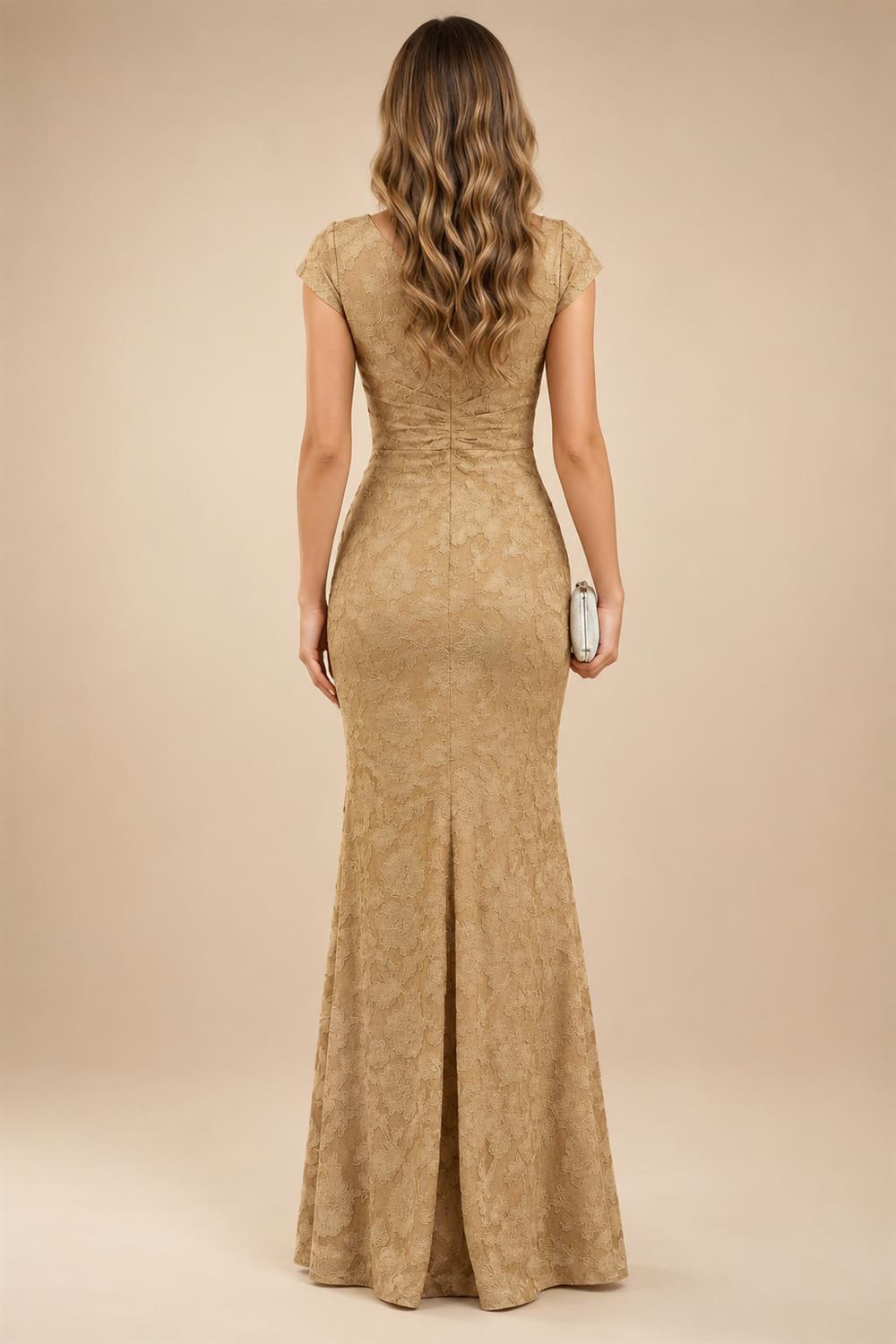 Cape Sleeve Floral Jacquard Satin Tea-Length Ruched Mother of the Bride Dresses 2 Piece (SHIA22500528)