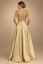 A-Line Metallic Satin Off Shoulder Bow Mother of the Bride & Groom Dresses with Floral Lace Appliques, Ruched Waist & Sweep Train (SHI22500425)
