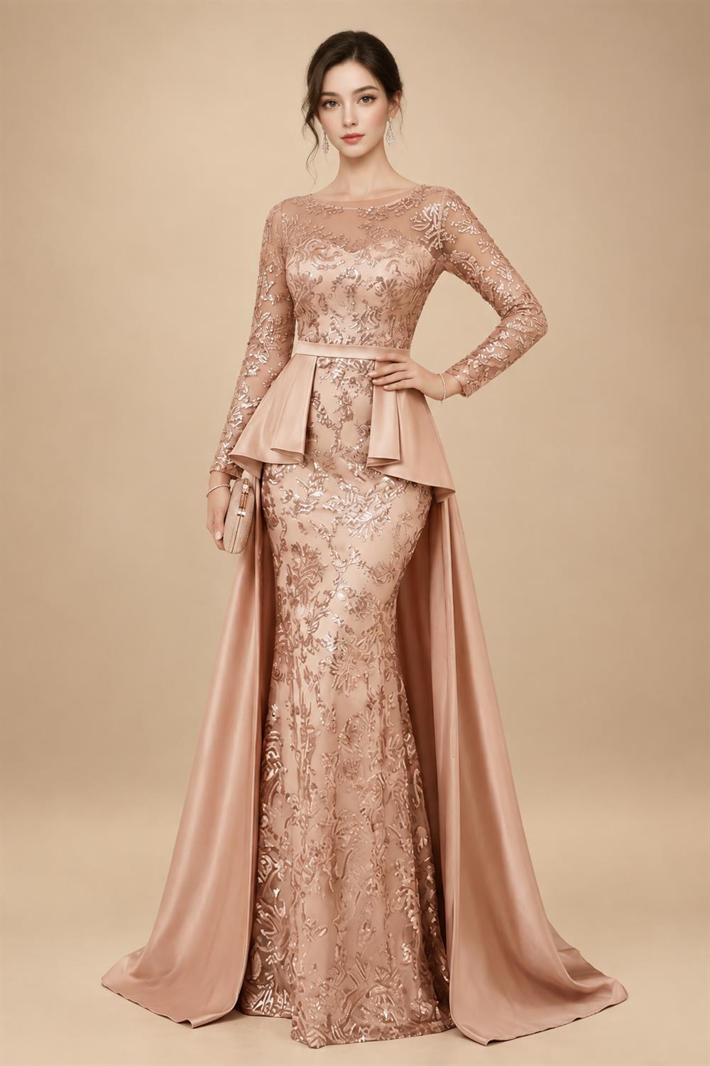 Mermaid Scoop Long Sleeve Floor Length Mother of the Bride Dresses with Peplum & Appliques (SHI22500269)