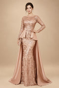 Mermaid Scoop Long Sleeve Floor Length Mother of the Bride Dresses with Peplum & Appliques (SHI22500269)