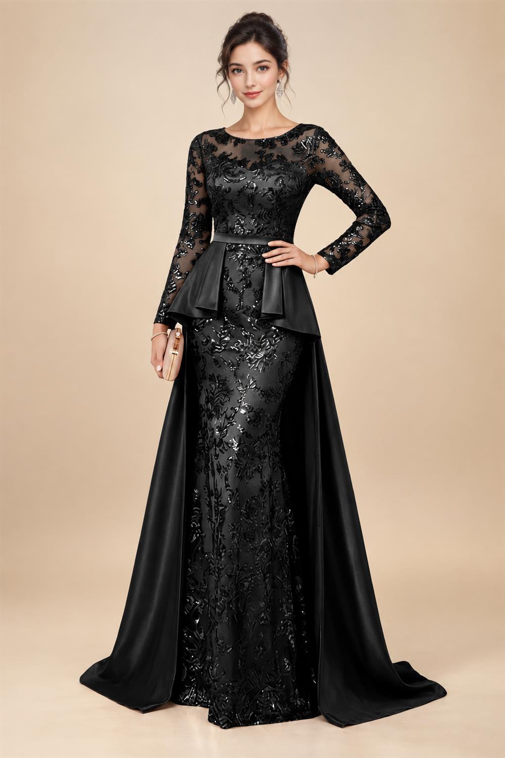 Mermaid Scoop Long Sleeve Floor Length Mother of the Bride Dresses with Peplum & Appliques (SHI22500269)