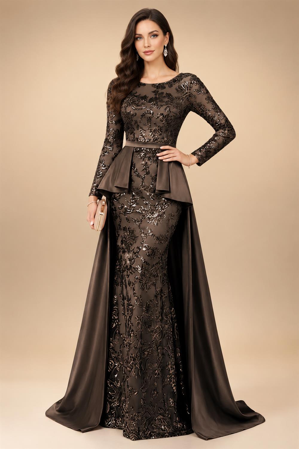 Mermaid Scoop Long Sleeve Floor Length Mother of the Bride Dresses with Peplum & Appliques (SHI22500269)