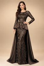 Mermaid Scoop Long Sleeve Floor Length Mother of the Bride Dresses with Peplum & Appliques (SHI22500269)