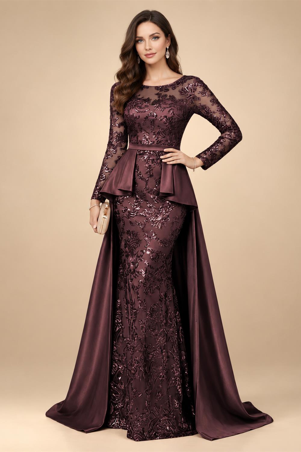 Mermaid Scoop Long Sleeve Floor Length Mother of the Bride Dresses with Peplum & Appliques (SHI22500269)