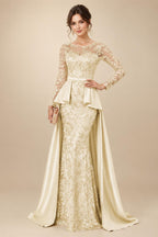 Mermaid Scoop Long Sleeve Floor Length Mother of the Bride Dresses with Peplum & Appliques (SHI22500269)