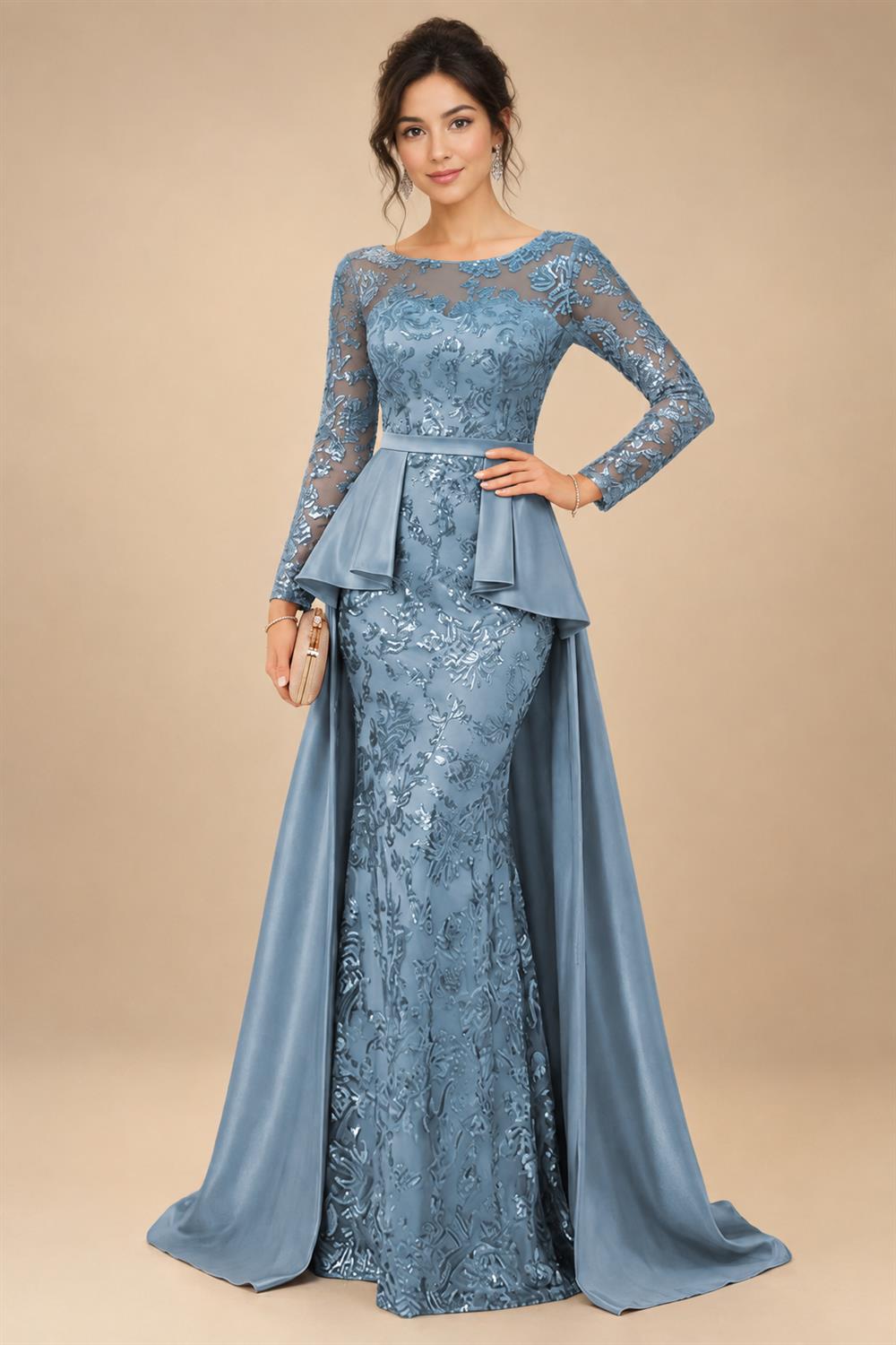 Mermaid Scoop Long Sleeve Floor Length Mother of the Bride Dresses with Peplum & Appliques (SHI22500269)