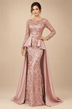 Mermaid Scoop Long Sleeve Floor Length Mother of the Bride Dresses with Peplum & Appliques (SHI22500269)