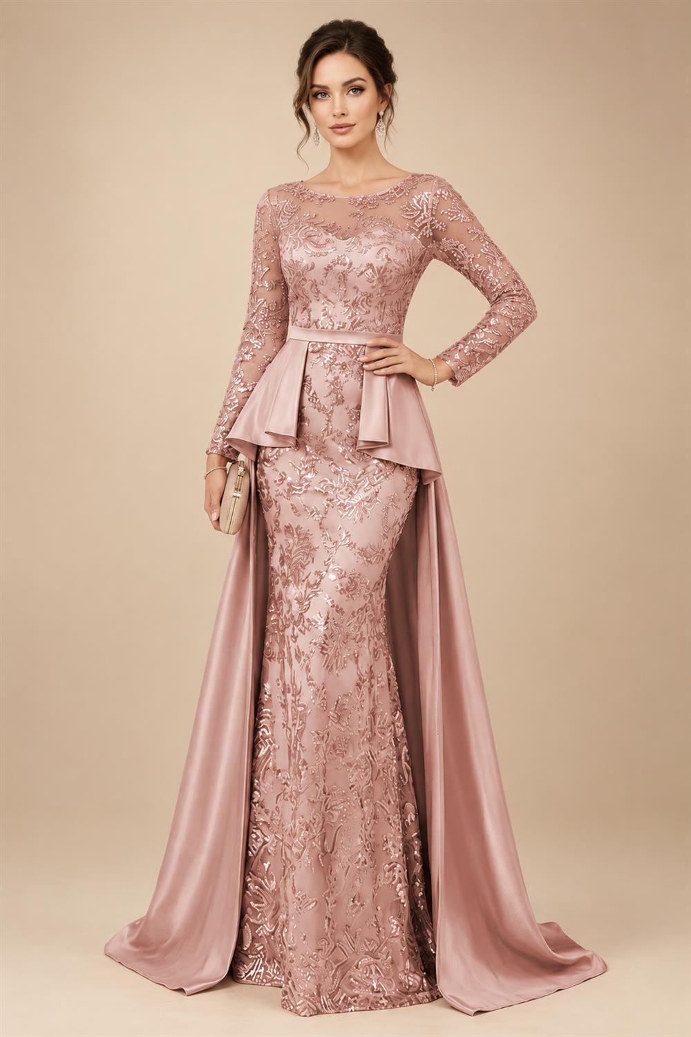 Mermaid Scoop Long Sleeve Floor Length Mother of the Bride Dresses with Peplum & Appliques (SHI22500269)
