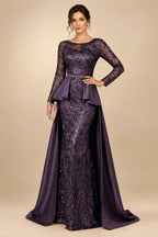 Mermaid Scoop Long Sleeve Floor Length Mother of the Bride Dresses with Peplum & Appliques (SHI22500269)