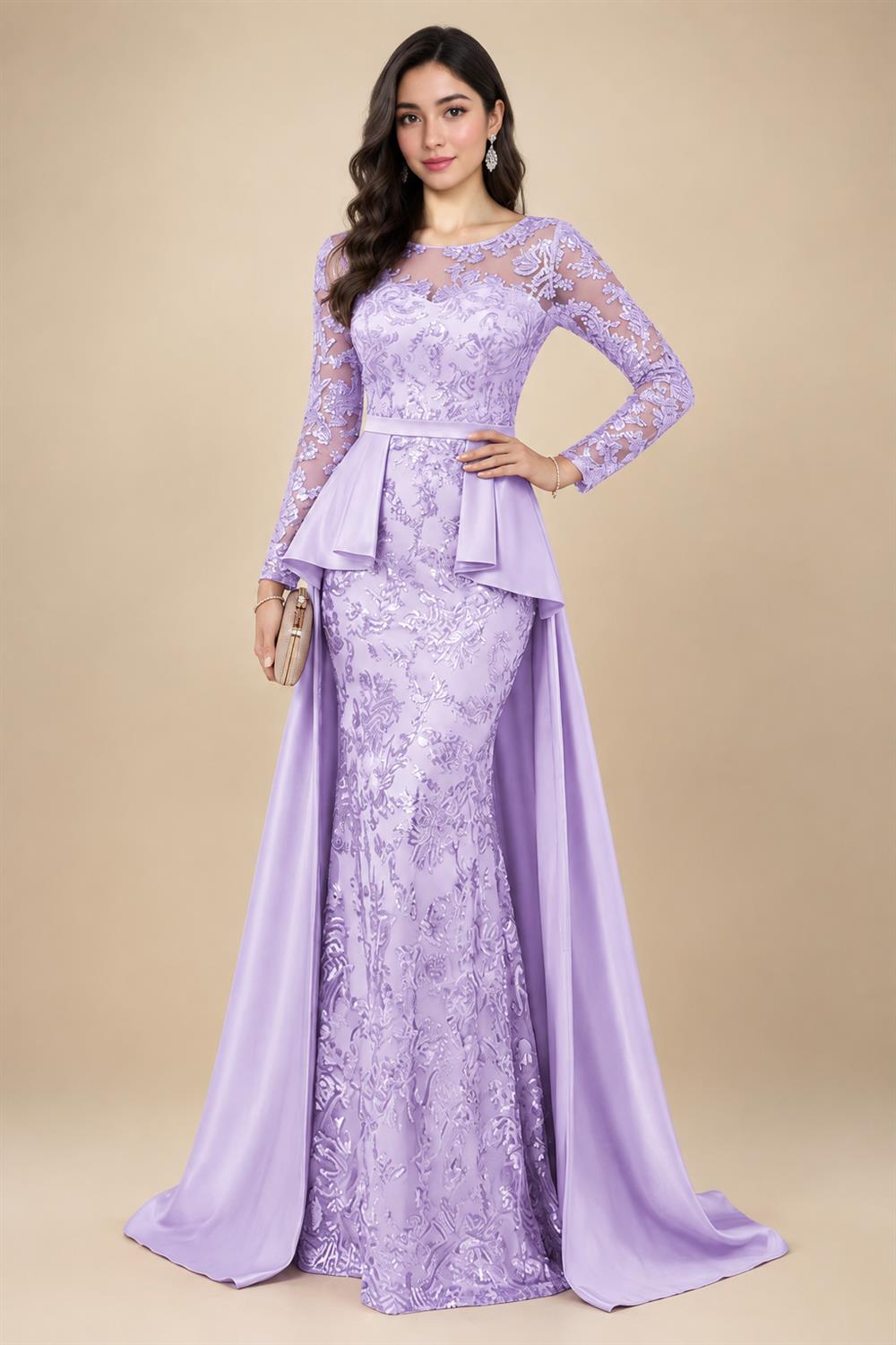 Mermaid Scoop Long Sleeve Floor Length Mother of the Bride Dresses with Peplum & Appliques (SHI22500269)