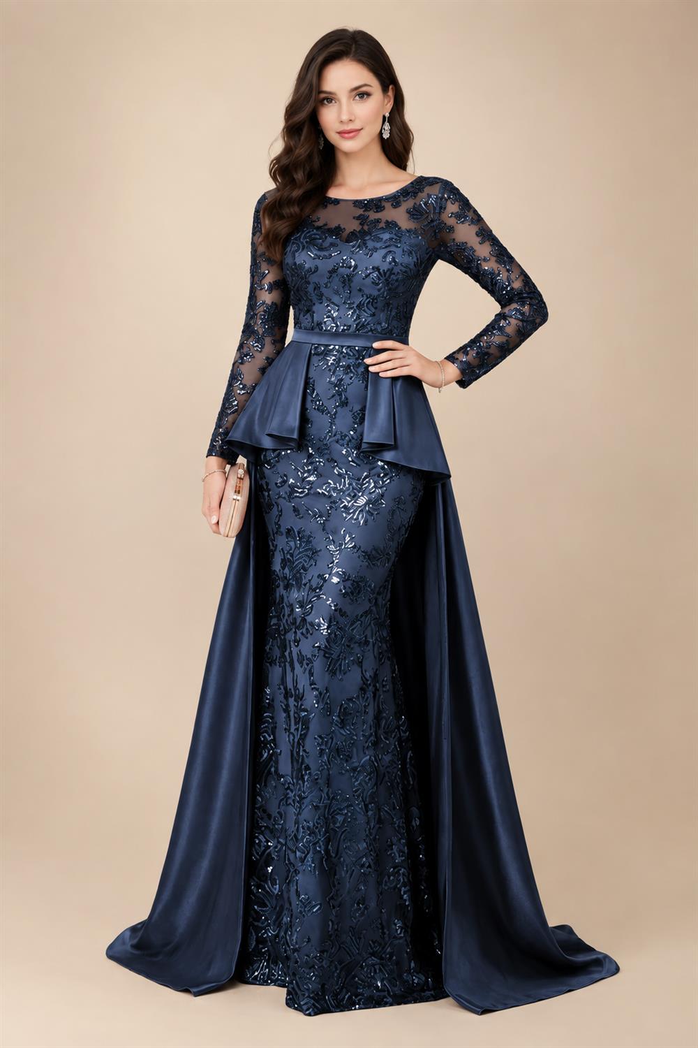 Mermaid Scoop Long Sleeve Floor Length Mother of the Bride Dresses with Peplum & Appliques (SHI22500269)