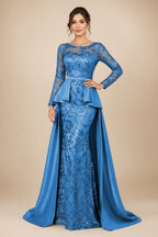 Mermaid Scoop Long Sleeve Floor Length Mother of the Bride Dresses with Peplum & Appliques (SHI22500269)