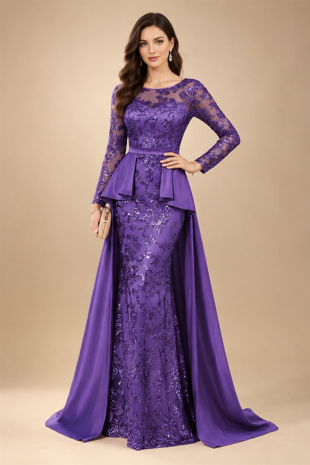Mermaid Scoop Long Sleeve Floor Length Mother of the Bride Dresses with Peplum & Appliques (SHI22500269)