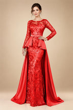 Mermaid Scoop Long Sleeve Floor Length Mother of the Bride Dresses with Peplum & Appliques (SHI22500269)