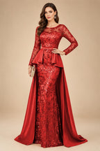 Mermaid Scoop Long Sleeve Floor Length Mother of the Bride Dresses with Peplum & Appliques (SHI22500269)