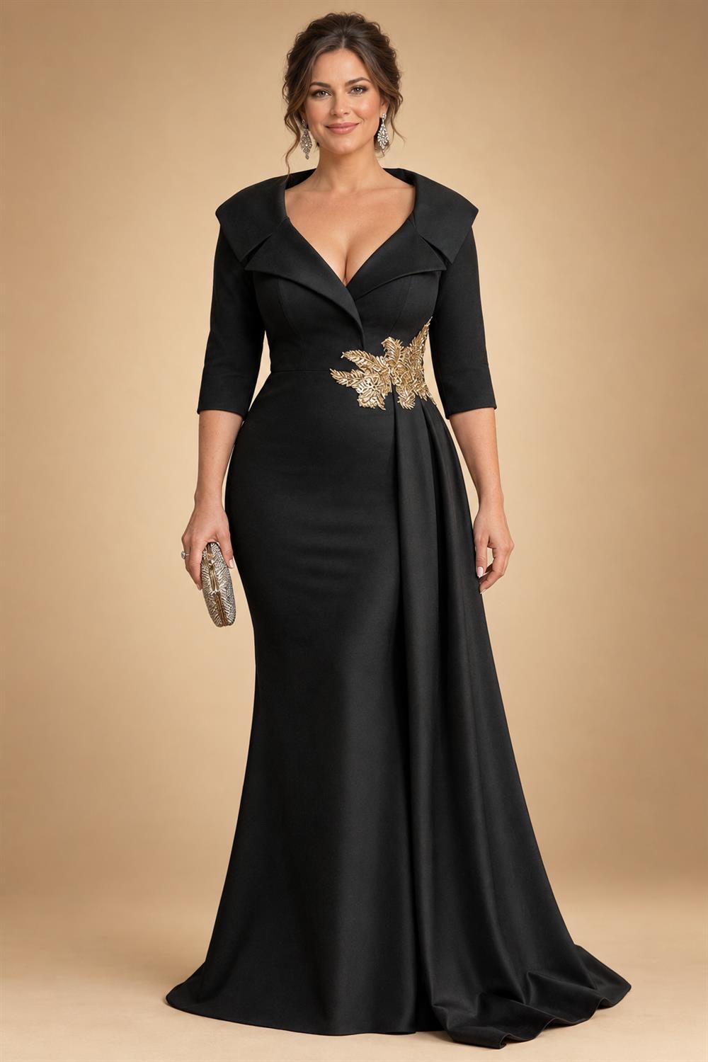 A-Line Satin V-Neck 3/4 Sleeve Mother of the Bride Dresses Floor-Length Ball Gown with Applique (SHI22500294)