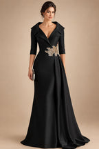 A-Line Satin V-Neck 3/4 Sleeve Mother of the Bride Dresses Floor-Length Ball Gown with Applique (SHI22500294)