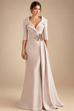 A-Line Satin V-Neck 3/4 Sleeve Mother of the Bride Dresses Floor-Length Ball Gown with Applique (SHI22500294)