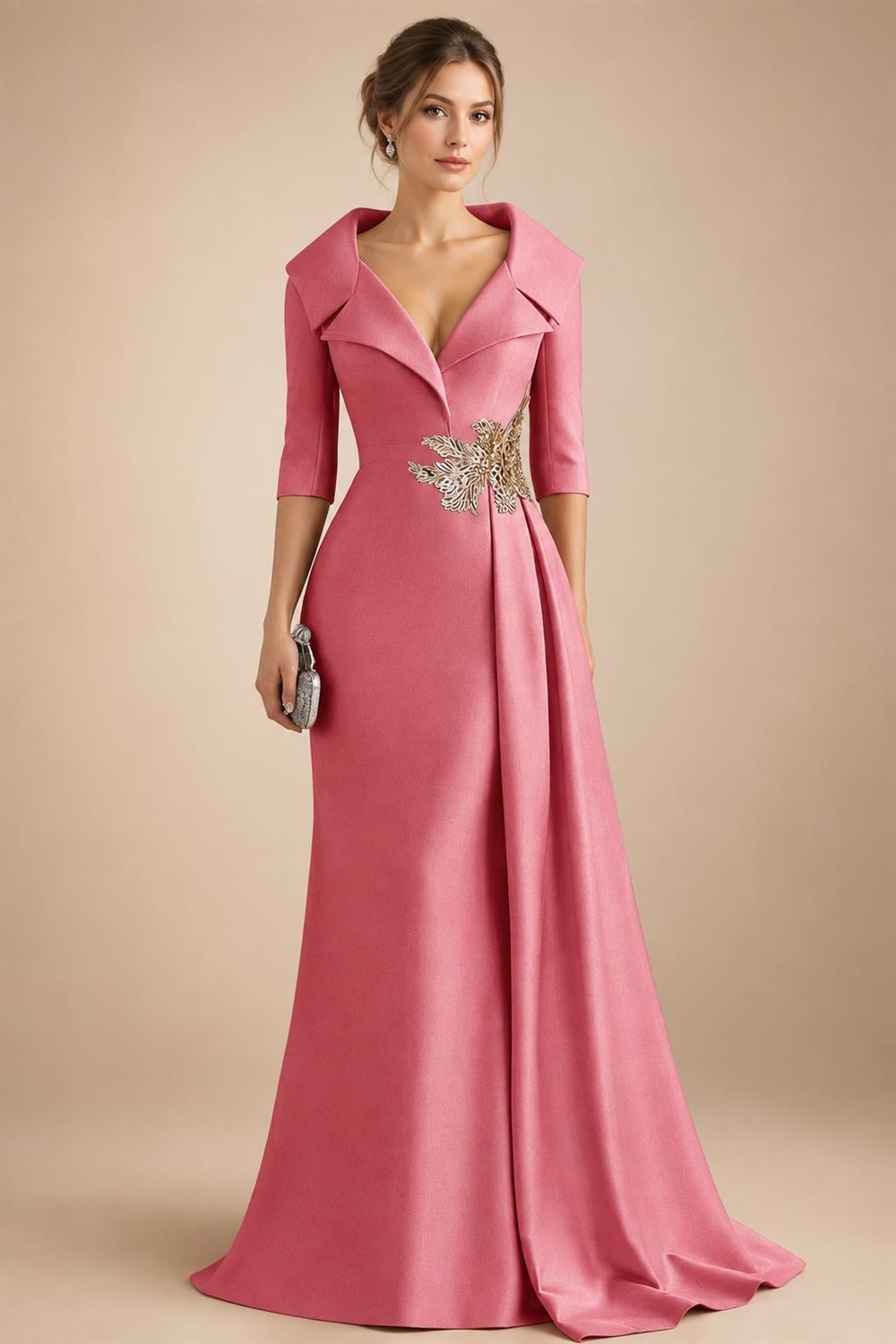 A-Line Satin V-Neck 3/4 Sleeve Mother of the Bride Dresses Floor-Length Ball Gown with Applique (SHI22500294)