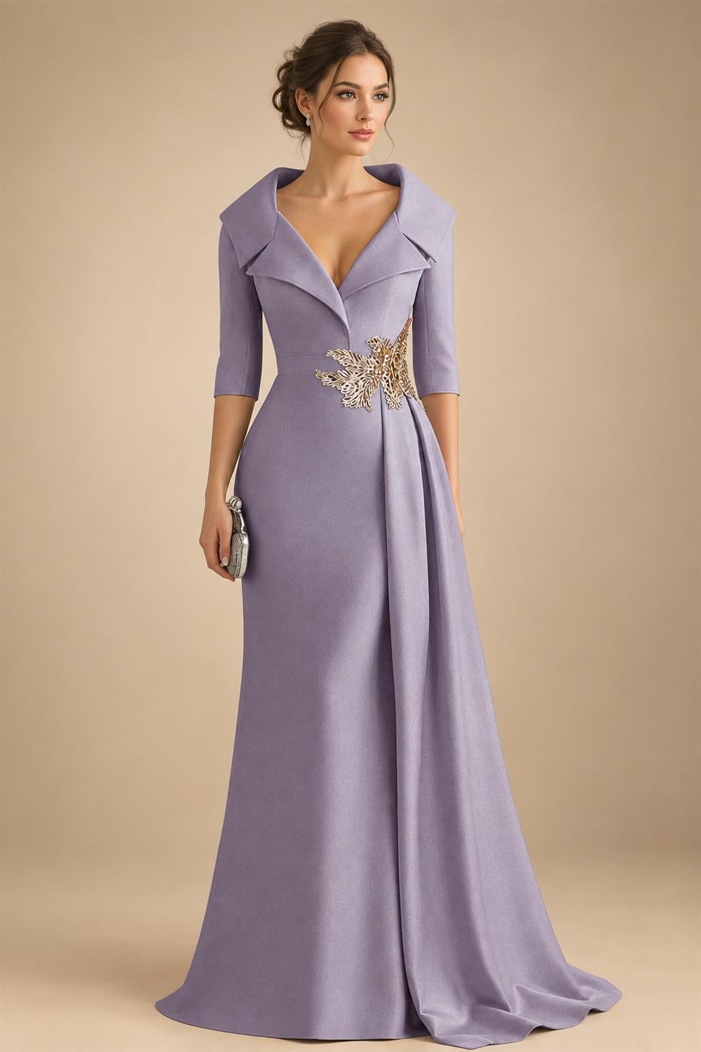 A-Line Satin V-Neck 3/4 Sleeve Mother of the Bride Dresses Floor-Length Ball Gown with Applique (SHI22500294)