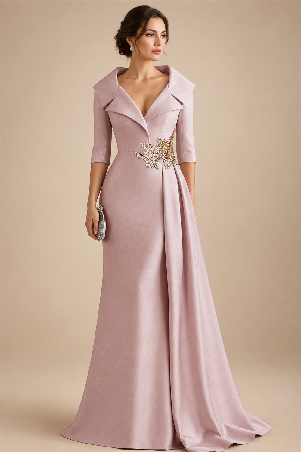 A-Line Satin V-Neck 3/4 Sleeve Mother of the Bride Dresses Floor-Length Ball Gown with Applique (SHI22500294)