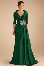A-Line Satin V-Neck 3/4 Sleeve Mother of the Bride Dresses Floor-Length Ball Gown with Applique (SHI22500294)