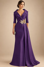A-Line Satin V-Neck 3/4 Sleeve Mother of the Bride Dresses Floor-Length Ball Gown with Applique (SHI22500294)