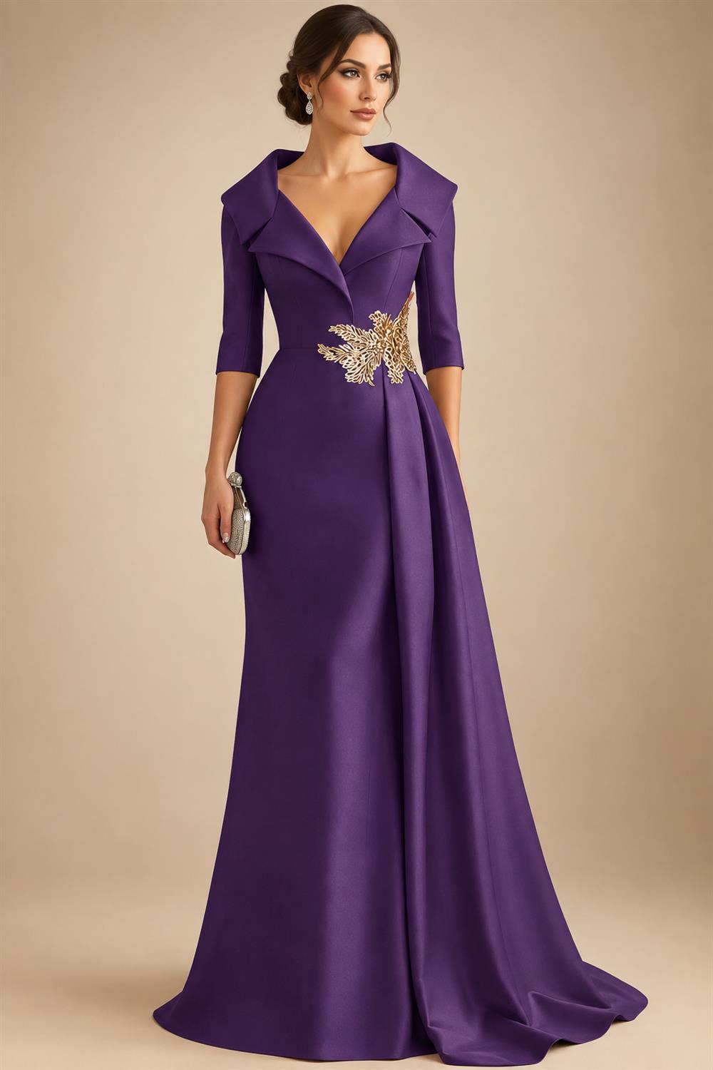 A-Line Satin V-Neck 3/4 Sleeve Mother of the Bride Dresses Floor-Length Ball Gown with Applique (SHI22500294)