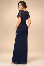 A-Line Chiffon V-Neck Short Sleeve Mother of the Bride Dresses Floor-Length with Sequin Appliques (SHI22500297)
