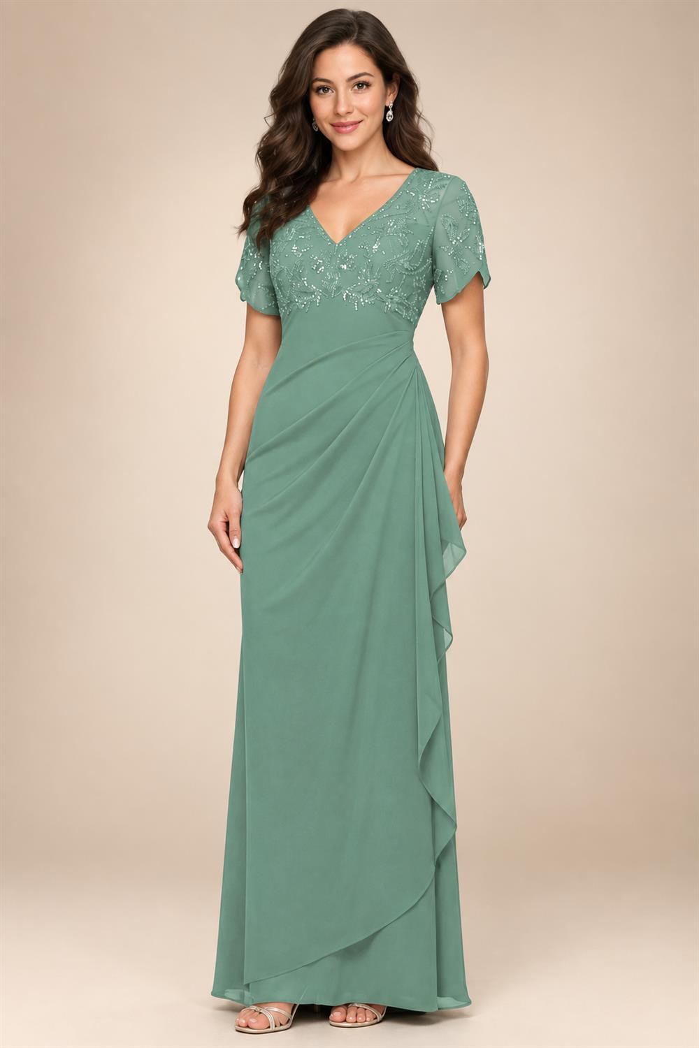 A-Line Chiffon V-Neck Short Sleeve Mother of the Bride Dresses Floor-Length with Sequin Appliques (SHI22500297)