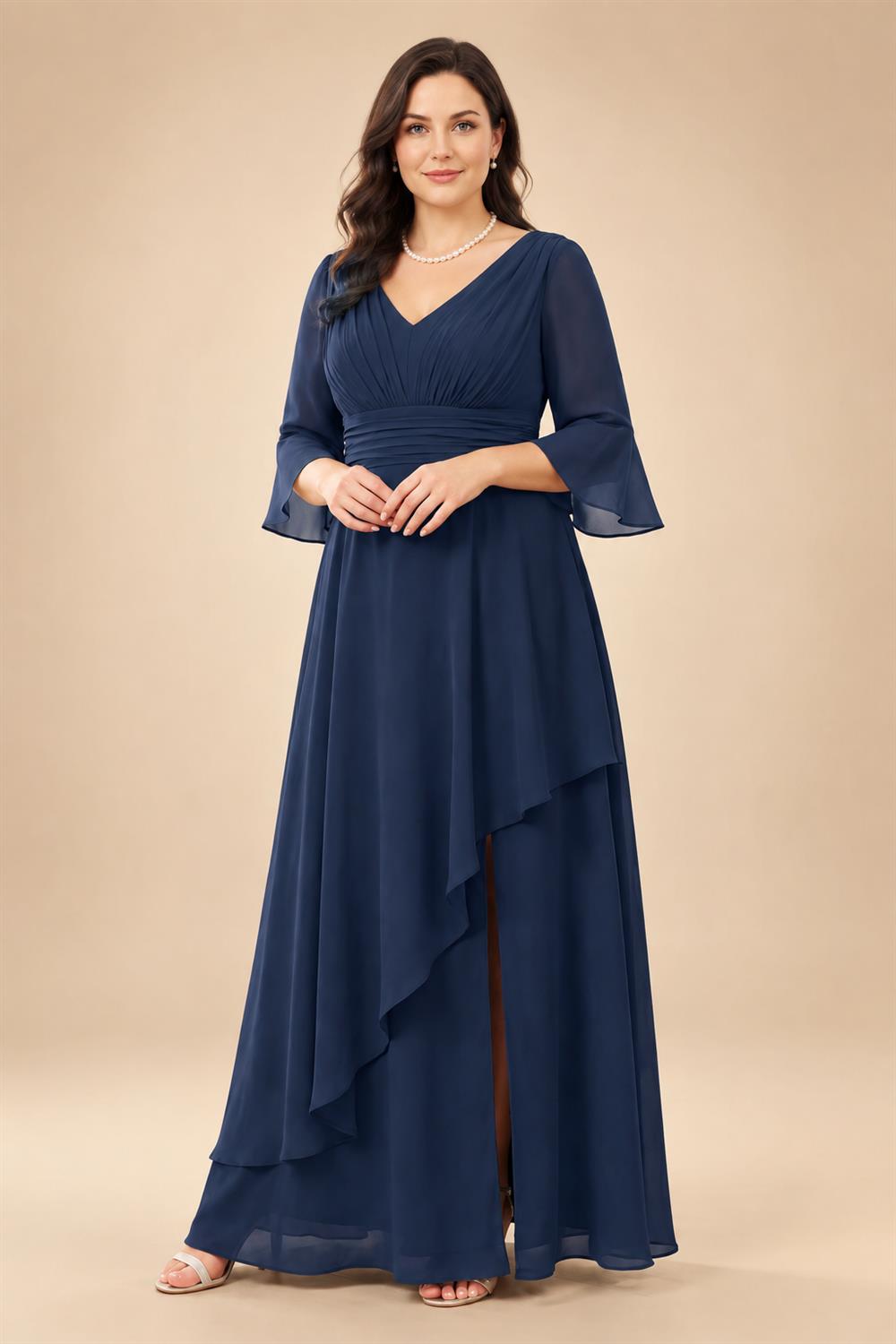 3/4 Sleeve Round Neck Sheath Midi Satin Mother of the Bride Dresses Formal Dress (SHI22500384)