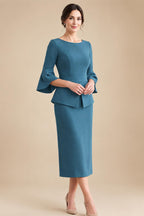 Sheath Satin Tea-Length Mother of the Bride & Groom Dresses with 3/4 Bell Sleeves & Crystal Embellished Belt (SHI22500471)