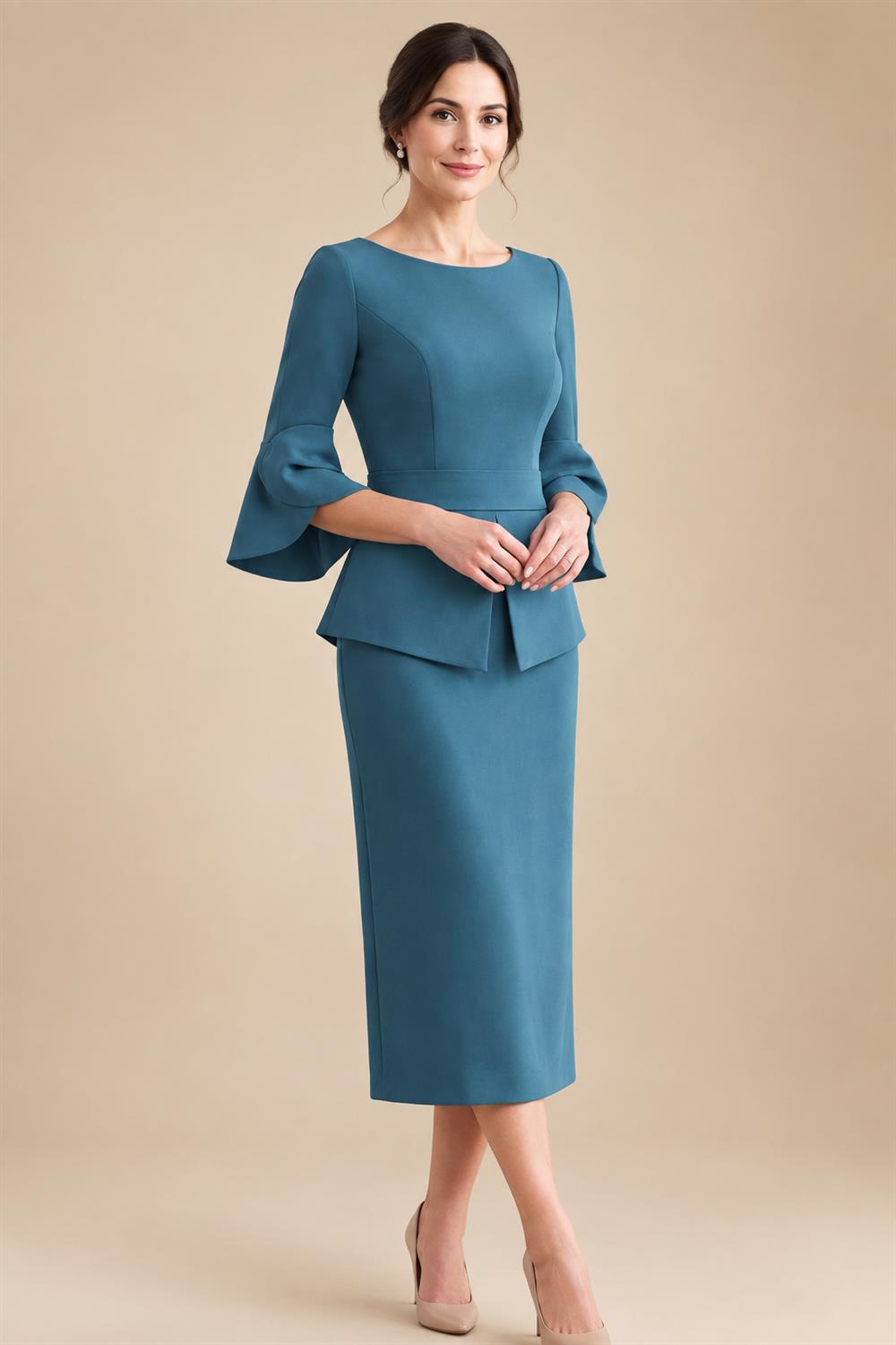 Sheath Satin Tea-Length Mother of the Bride & Groom Dresses with 3/4 Bell Sleeves & Crystal Embellished Belt (SHI22500471)