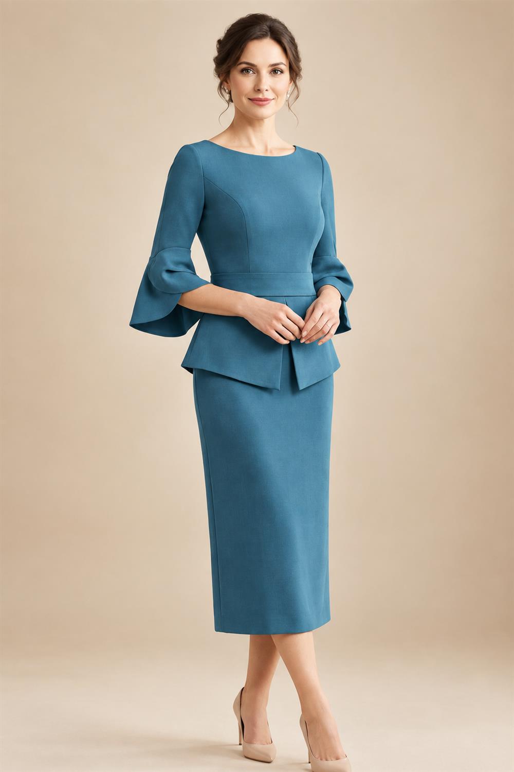 3/4 Sleeve Round Neck Sheath Midi Satin Mother of the Bride Dresses Formal Dress (SHI22500384)